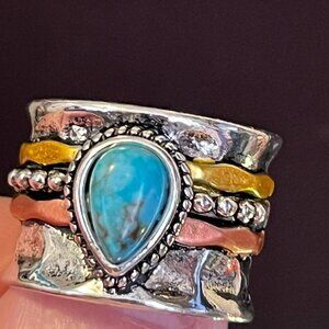 Faux Turquoise Mixed‑Metal Statement Ring – Silver, Gold & Copper Tones – Size 6